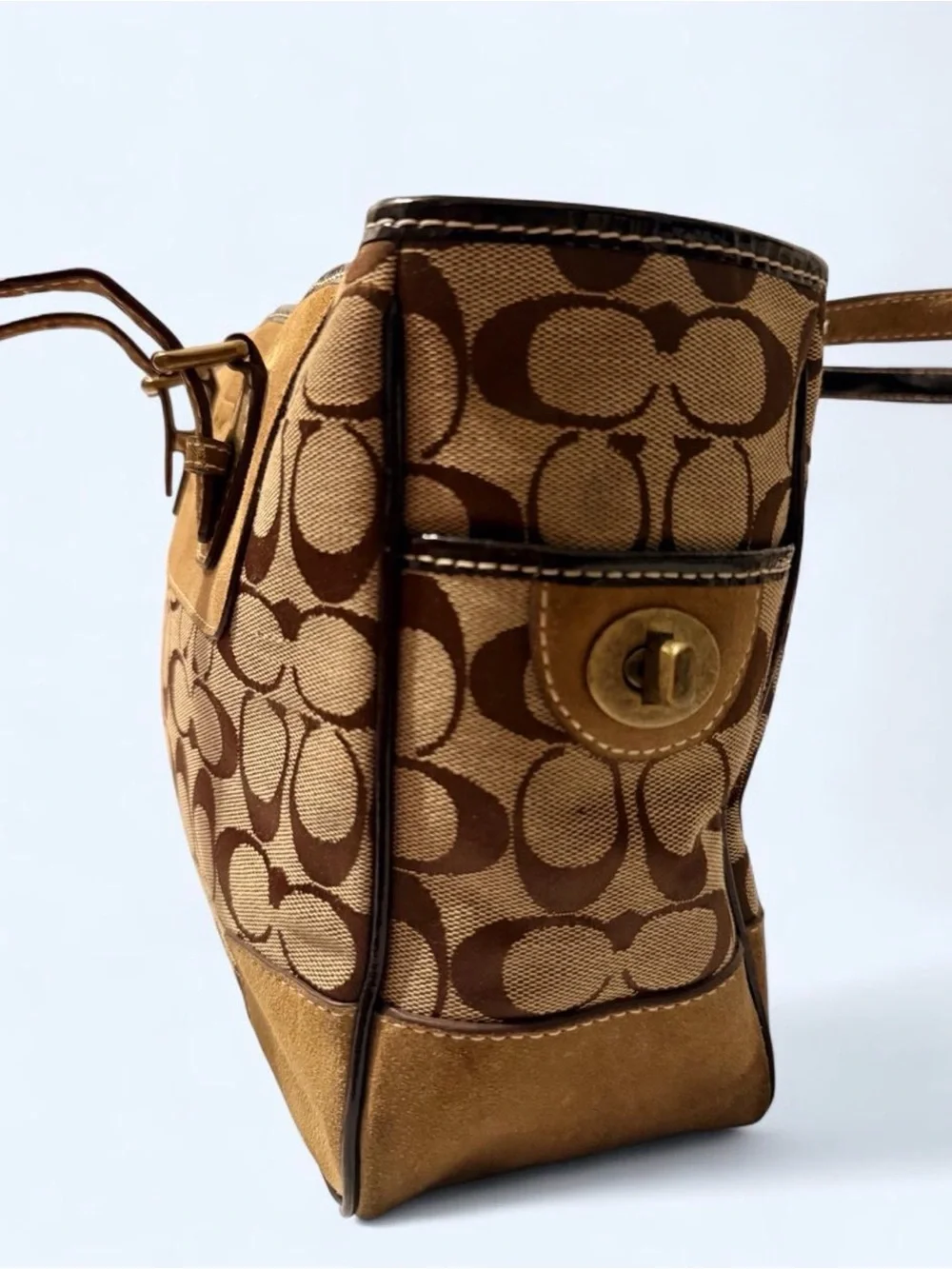 Coach Tan and Brown Signature Canvas Tote with Suede Trim
